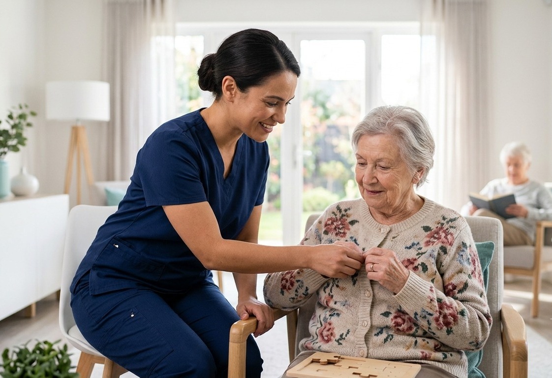 A caregiver supporting residents in a care setting