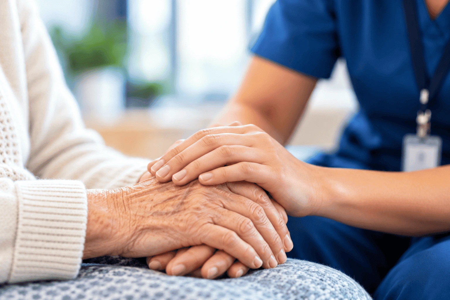 For Professionals Two people holding hands in a moment of comfort
