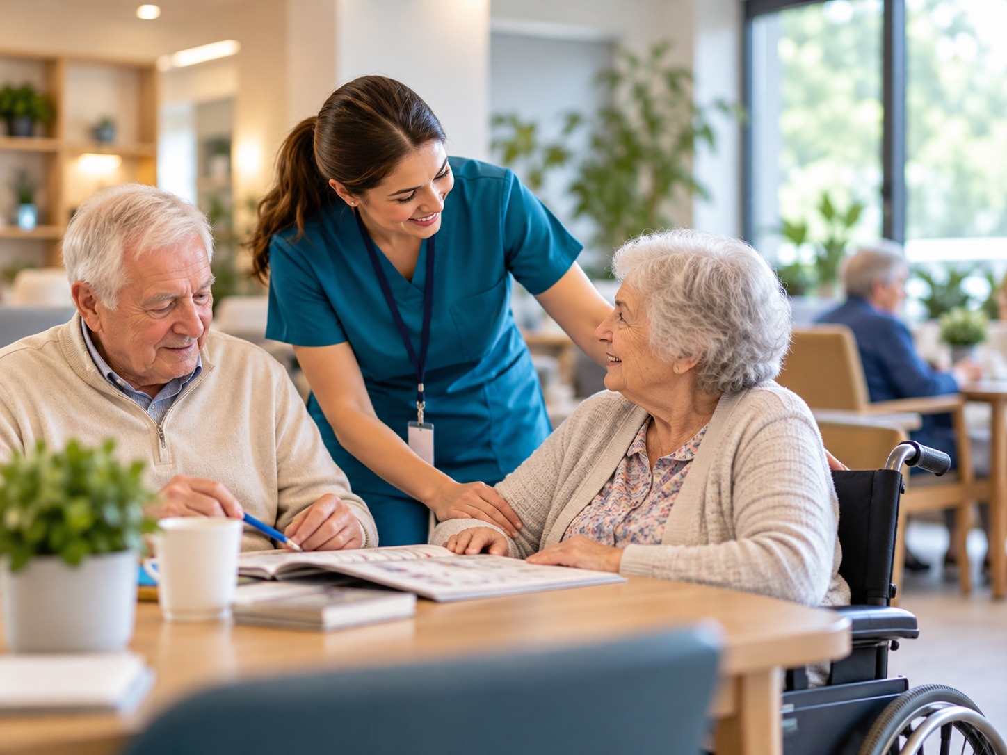 For Professionals A caregiver assisting two older women with knitting